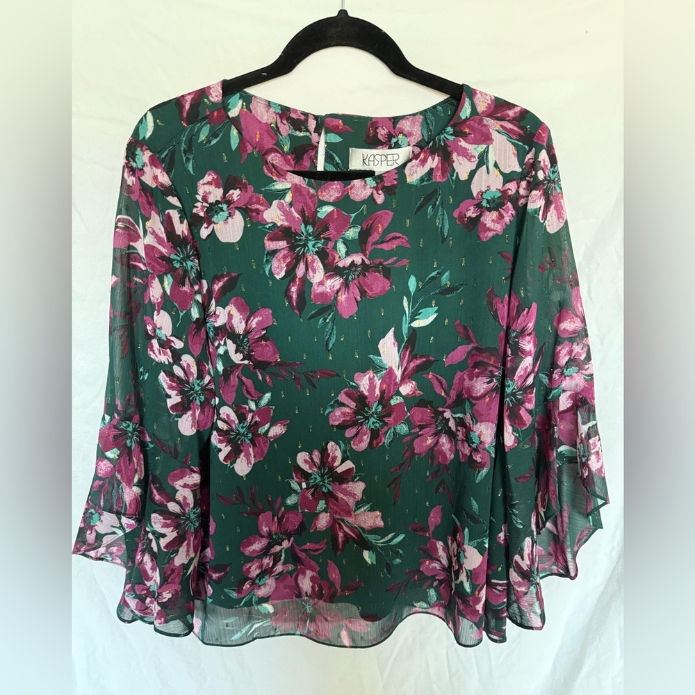 Kasper Women's Green and Pink Floral Blouse NWT
